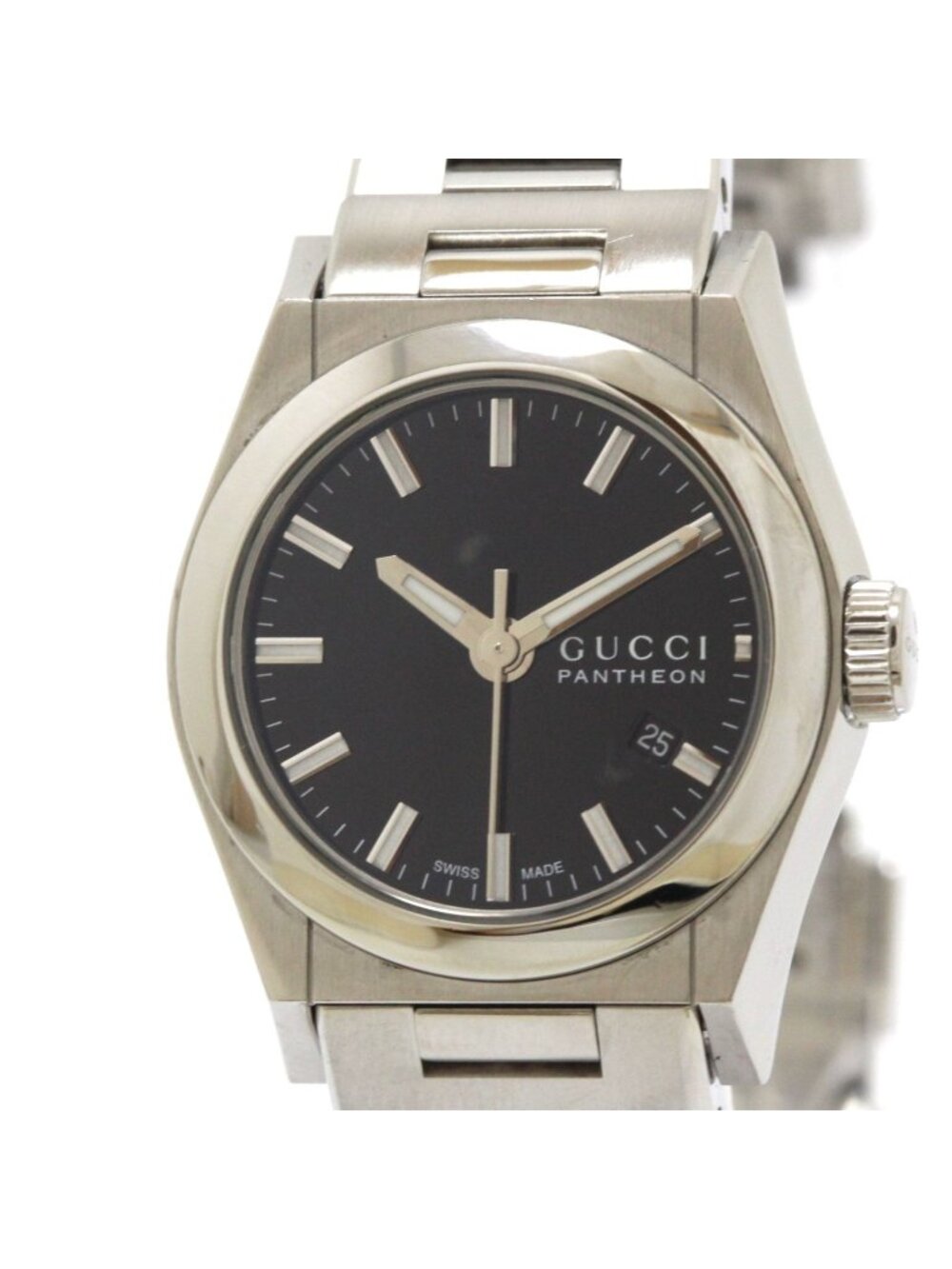 Gucci Pantheon Date 115.5 Watch SS Stainless Steel Black Dial